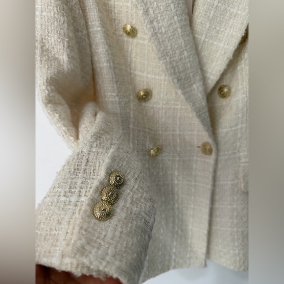 ZARA Cream Tweed Blazer | Double Breasted Gold Buttons | Chanel Style | Size S - Picture 5 of 11